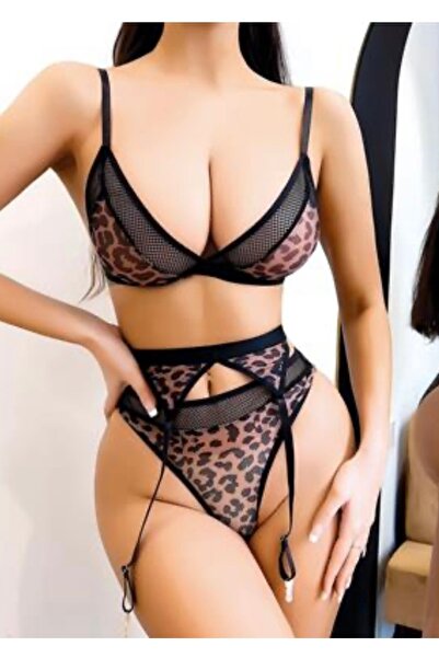 Leopar Desenli Bralet Jartiyer Takım