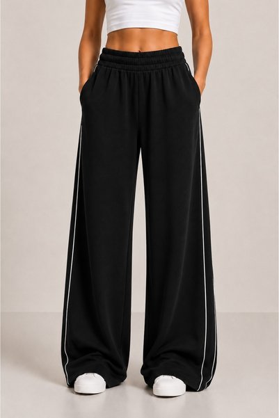 Grenj Fashion Pantaloni negri din țesătură moale la atingere, cu cusături albe și croială largă