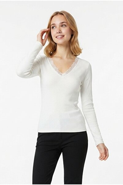 Şeker Portakalım Women's V-Neck Lace Detailed Fititlli Camisole Fabric Long S...