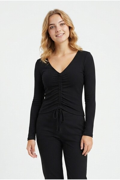 Generic Brand Women's Front Drawstring V-Neck Ribbed Camisole Fabric Long Sleeve Blouse
