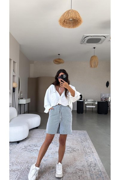 Buket Teke Navy Blue Striped Shorts