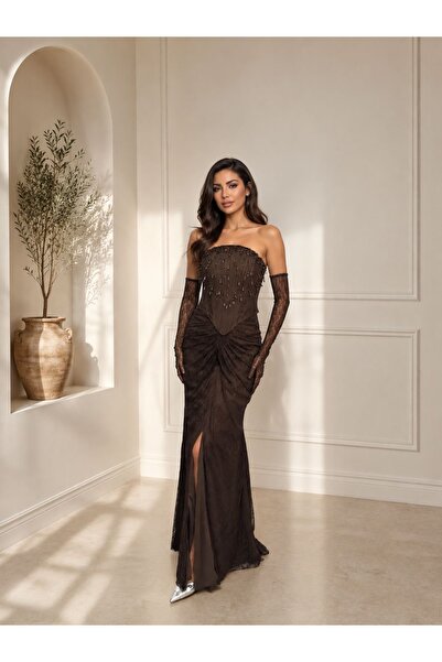 MERİDE Brown Corseted Draped Slit Long Evening Dress
