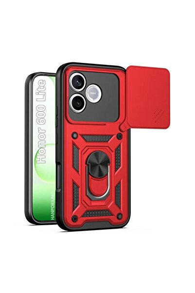 HANPORIUM Honor 600 Lite Uyumlu Tank Kılıf Yüzük Standlı Extra Darbe Koruma Zırhlı Outdoor Kapak Kırmızı