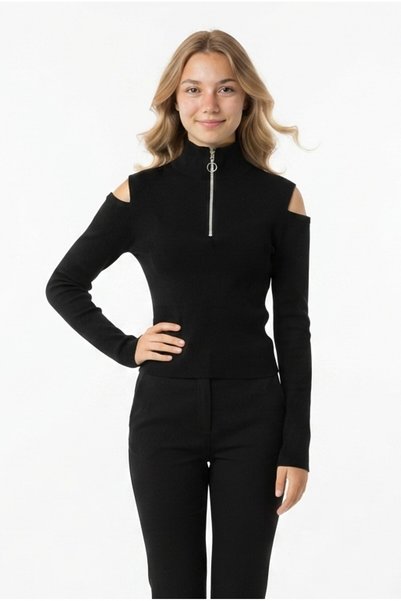 Generic Brand Bluză de damă cu fermoar, guler înalt, decolteu la umeri, din Lycra elastică, cu mânecă lungă