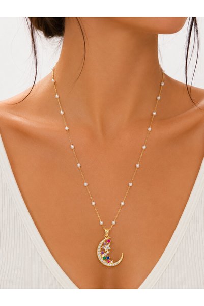 POSEİDONS JEWELLERY Gold Color Pearl Detailed Colorful Stone Crescent Necklace
