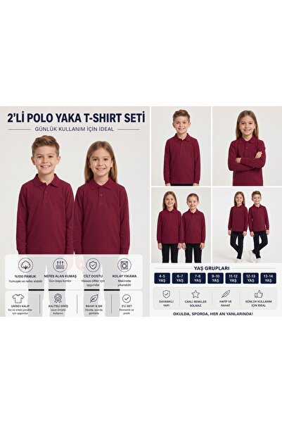 secret touch 2'li Paket Kız Erkek Çocuk %100 Pamuk Lakos Uzun Kollu Polo Yaka...