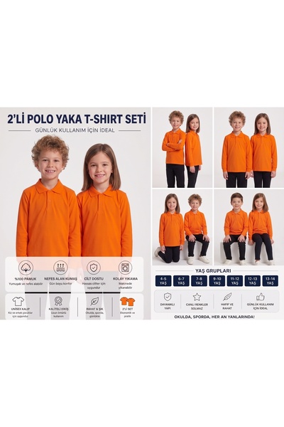 secret touch 2'li Paket Kız Erkek Çocuk %100 Pamuk Lakos Uzun Kollu Polo Yaka...