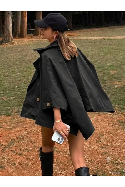DK TREND Yarasa Kol Detaylı Yakalı Düğmeli Rahat Kalıp Oversize Trençkot