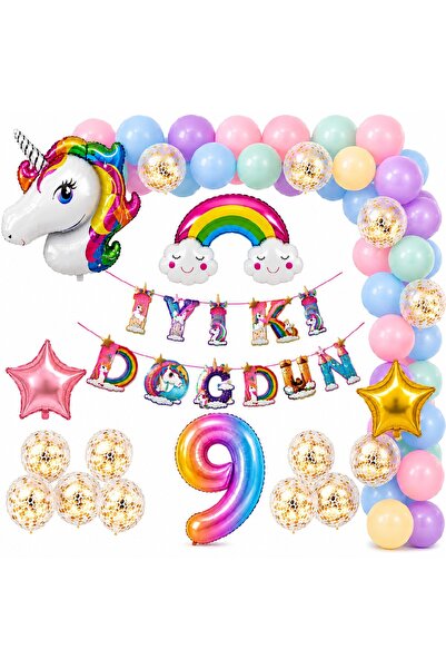 Bkmc Unicorn Doğum Günü Parti Süsleme Seti | 1-9 Yaş Rakamlı Gökkuşağı Balon Seti | İyi Ki Doğdun Dekorasyon Doğum Günü Parti Seti Süsü