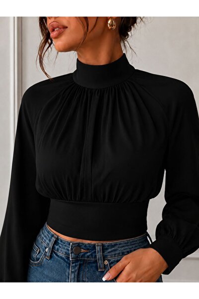 Wild Flower Kadın Dik Yaka Drapeli Crop Bluz