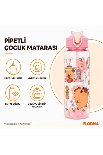 Plodna House Desenli Pipetli Çocuk Su Matarası – Mandallı Kapaklı Şeffaf Okul...