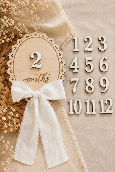 TİNY WONDERS TOY STORE Baby 1-12 Months Monthly Memory Plaque Wooden Photo Sh...