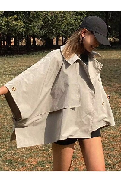 DK TREND Yarasa Kol Detaylı Yakalı Düğmeli Rahat Kalıp Oversize Trençkot