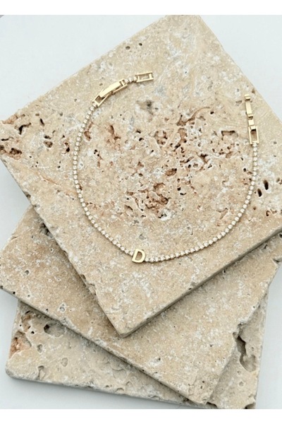 SY AKSESUAR Letter D Steel Waterway Bracelet Gold – Sparkling Women's Bracelet with Zircon Stones