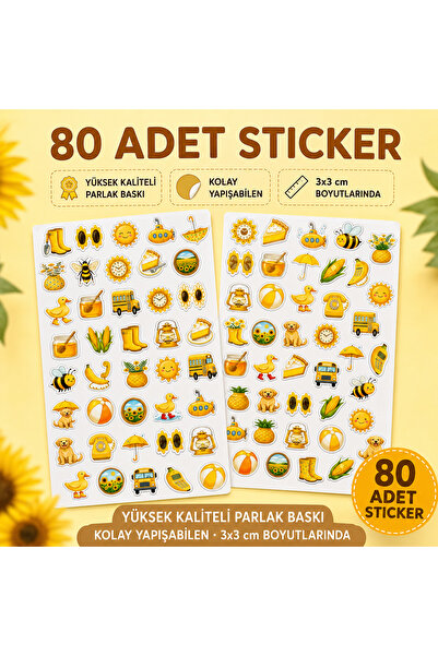 europaking Sarı Aesthetic Sticker Seti – 80 Adet Sevimli Temalı Çıkartma