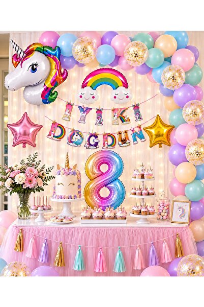 Bkmc Unicorn Doğum Günü Parti Süsleme Seti | 1-9 Yaş Rakamlı Gökkuşağı Balon Seti | İyi Ki Doğdun Dekorasyon Doğum Günü Parti Seti Süsü