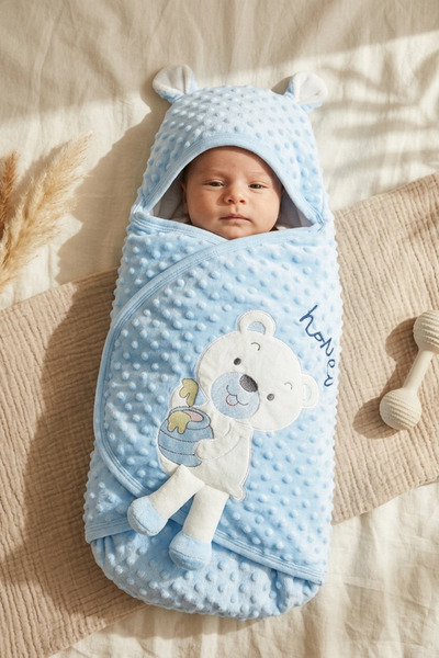 ANP MODA TASARIM Luxury Embossed Welsoft Blue Teddy Bear Baby Swaddle - Hoode...