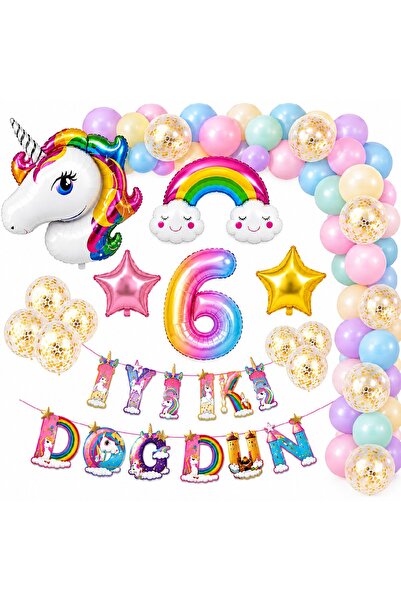Bkmc Unicorn Doğum Günü Parti Süsleme Seti | 1-9 Yaş Rakamlı Gökkuşağı Balon Seti | İyi Ki Doğdun Dekorasyon Doğum Günü Parti Seti Süsü