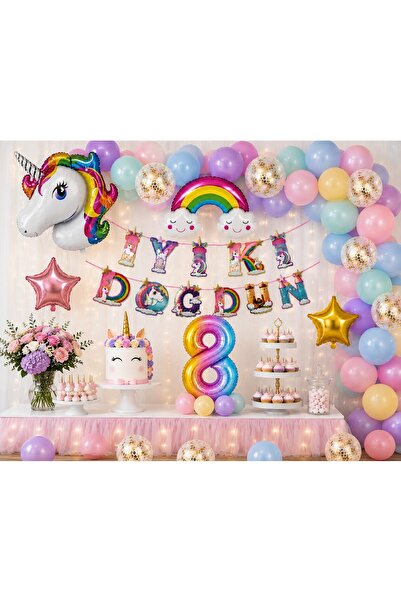 BKMC PARTY Premium Unicorn Doğum Günü Süsleme Seti | Gökkuşağı Balon Zinciri | 1-9 Yaş Rakamlı İyi Ki Doğdun Set Doğum Günü Parti Seti Süsü
