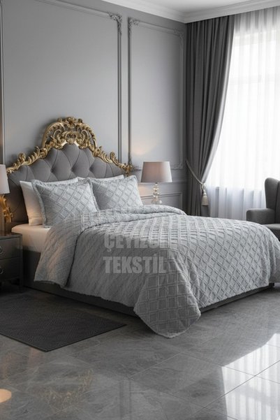 Bezos Çift Kişilik Yatak Örtüsü Gri 3 Parça Yatak Örtüsü Bedspread