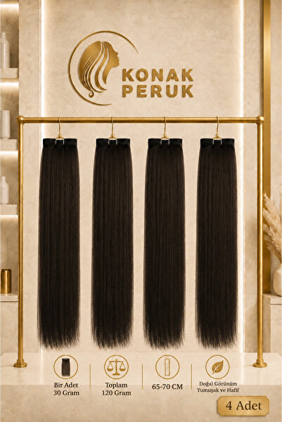 KONAK PERUK Fiber Sentetik Uzun Düz 4 Parça Çıt Çıt - Kahverengi