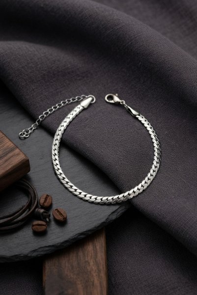 ELİSY 316L Steel Silver Color Crushed Cuban Chain Model Men's Bracelet