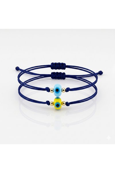 Stanbula Blue and Yellow Glass Evil Eye Bead Double Set Adjustable Bracelet Bx0026