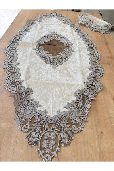 Bezos Living Room Set Dowry Set Velvet Cream Gray Runner Set 5 Piece Lace Tab...