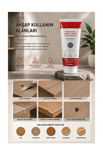 Anra Profesyonel Ahşap Tamir Macunu Duvar Tamir Macunu 200 Gr Mobilya MDF Çatlak Delik Çizik Dolgu Onarım Macunu