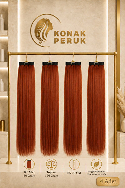 KONAK PERUK Fiber Sentetik Uzun Düz 4 Parça Çıt Çıt - Bakır