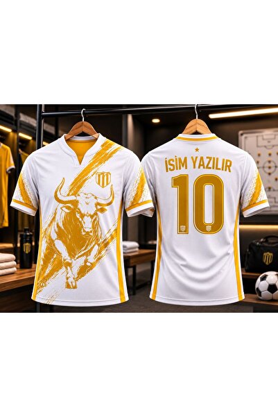 yenteks Kişiye Özel İsim Yazılır Yetişkin Futbol Forması Beyaz-Gold Özel Tasa...