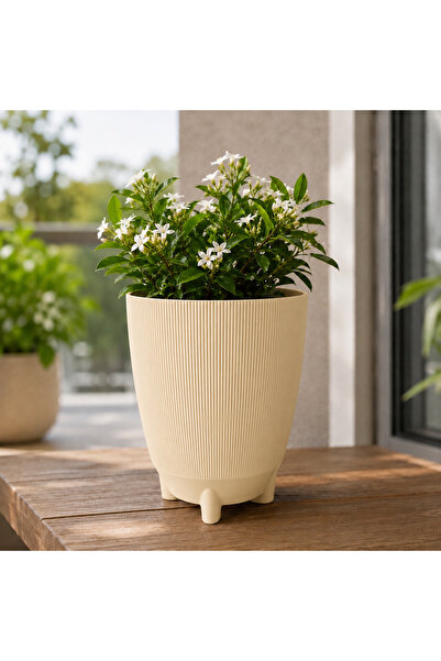Poliwork Dekoratif Ayaklı Saksı Luna 18 Tall 4 LT 24x19 cm Çizgili Modern Pla...