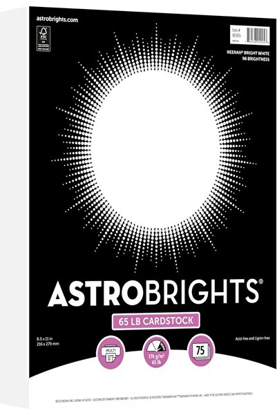 Astrobrights Neenah Bright White Cardstock, 8.5”x11”, 65lb/176 gsm, Bright Wh...