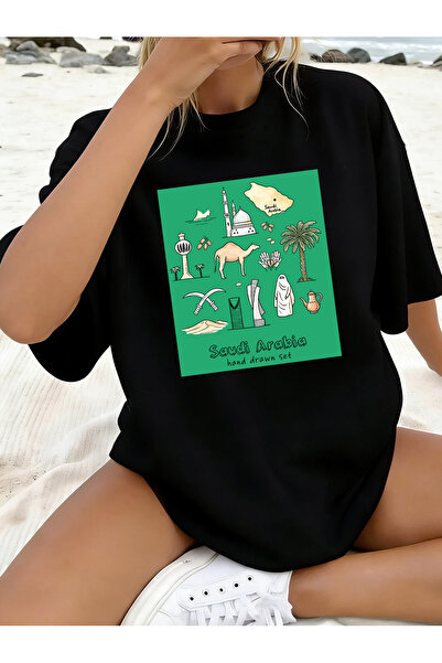 MUZİ Saudi National Day Men and Women's 100% Cotton T-Shirt Printed Round Nec...