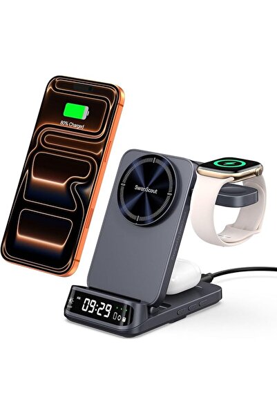 SwanScout حامل شحن لاسلكي متوافق مع MagSafe، 708M، قابل للطي 3 في 1 مع شحن مغ...