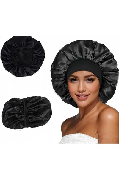 Generic Satin nightcap, double-layer hair cap, double-sided design, curly bla...