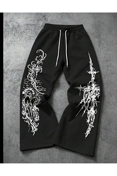 JANTIL MODA Unisex Black Cyber Sigilism Printed Oversize Wide Leg Sweatpants