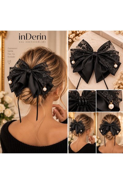 İnDerin Lace and Satin Bow Pearl Detailed Hair Clip