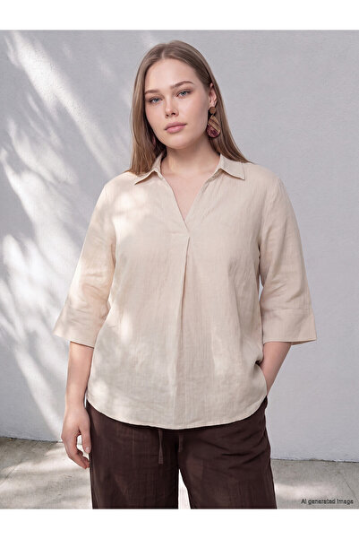 LC Waikiki Trendlucky Plus Size 100% Linen Women's Shirt with Difference in C...