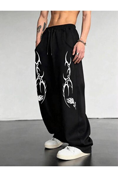 JANTIL MODA Unisex Black Tribal Flame Printed Oversize Wide Leg Sweatpants