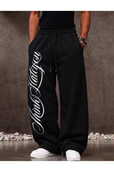 JANTIL MODA Unisex Black Side Vertical Text Printed Oversize Wide Leg Sweatpants