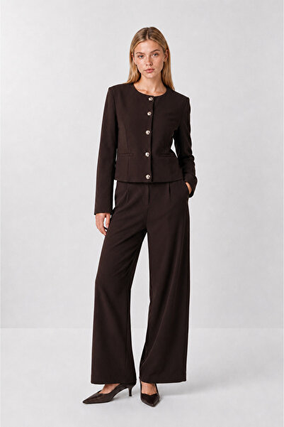 Lovelyİstanbul Gold Buttoned Woven Jacket-Pants Set Laz0014 Brown