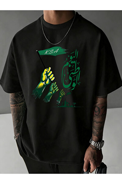 MUZİ Saudi National Day Men and Women's 100% Cotton T-Shirt Printed Round Nec...