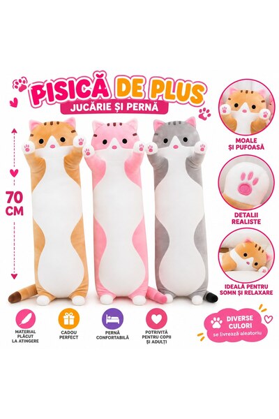SHOP LIKE A PRO Jucărie de Plus Pernă Pisică, 70 cm, Moale și Pufoasă, Corp L...