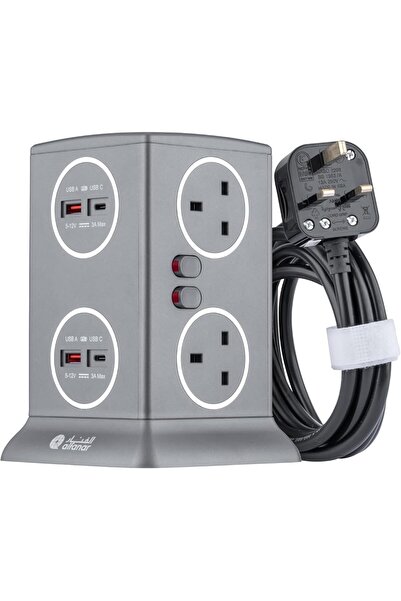 Alfanar وصلة تمديد كهربائية برج غرناطة 6 مقابس، 4 منافذ USB للشحن السريع (2 م...