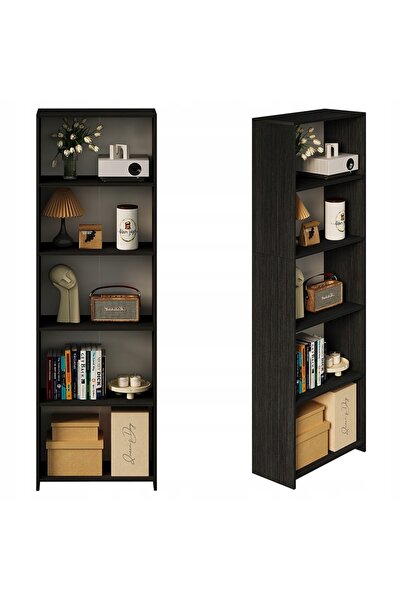 Rebiko Bibliotecă modernă în stil loft cu 5 rafturi, înaltă, neagră, pentru s...