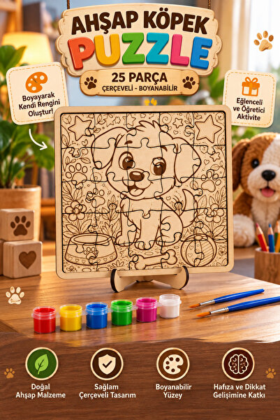 Genç 3D Ahşap Köpek Puzzle 25 Parça Çerçeveli Boyanabilir Çocuk Eğitici Oyunc...