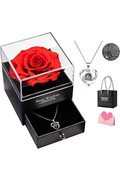 Bukela Preserved Flowers Gift Box, Forever Red Rose with I Love You Necklace,...