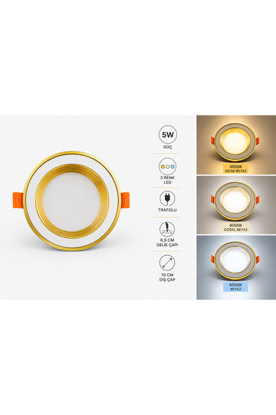 efesays 5W 3 Renk LED Spot Gold Beyaz Kasa 3000K 4000K 6500K 6,5 cm Delik Çap...