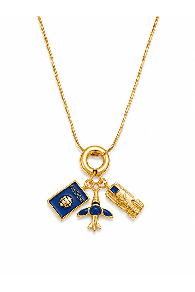 Hector&Co. Jewellery Seyahat Temalı Gold Kolye – Uçak Figürlü Bilet ve Pasapo...